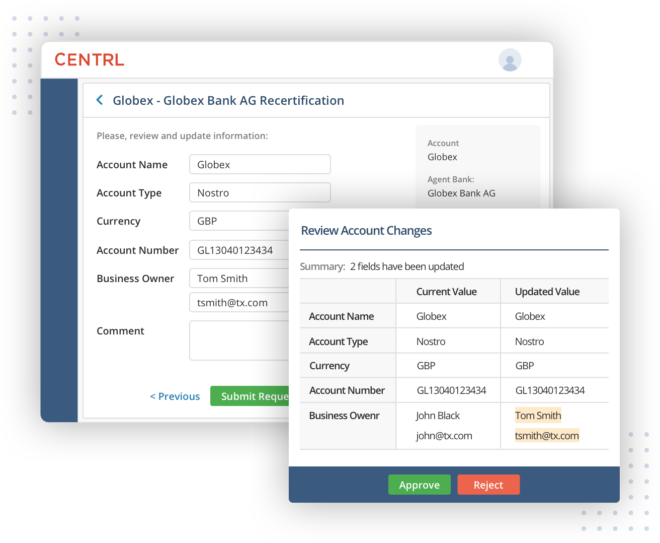 Provide easy way for agent banks and internal entities to update account information